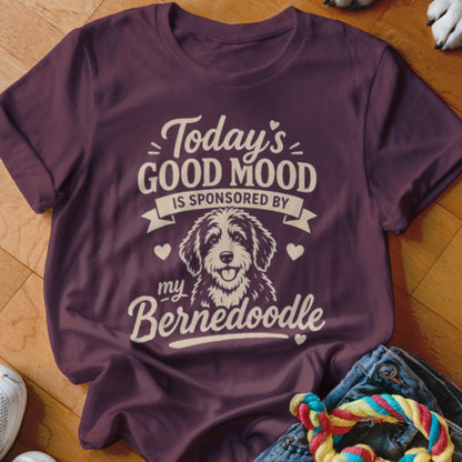 Maroon t-shirt with "Today's good mood is sponsored by my Bernedoodle" and dog graphic.