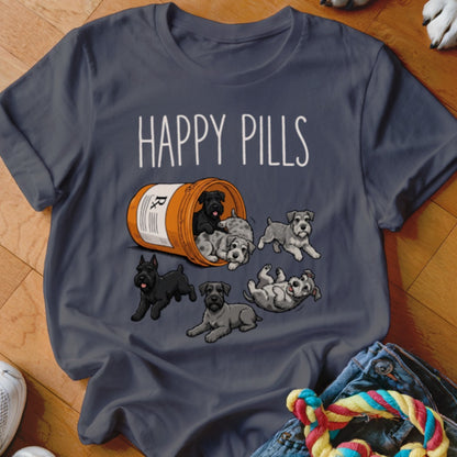 T-shirt with text "Happy Pills" and a pill bottle overflowing with Schnauzer puppies.