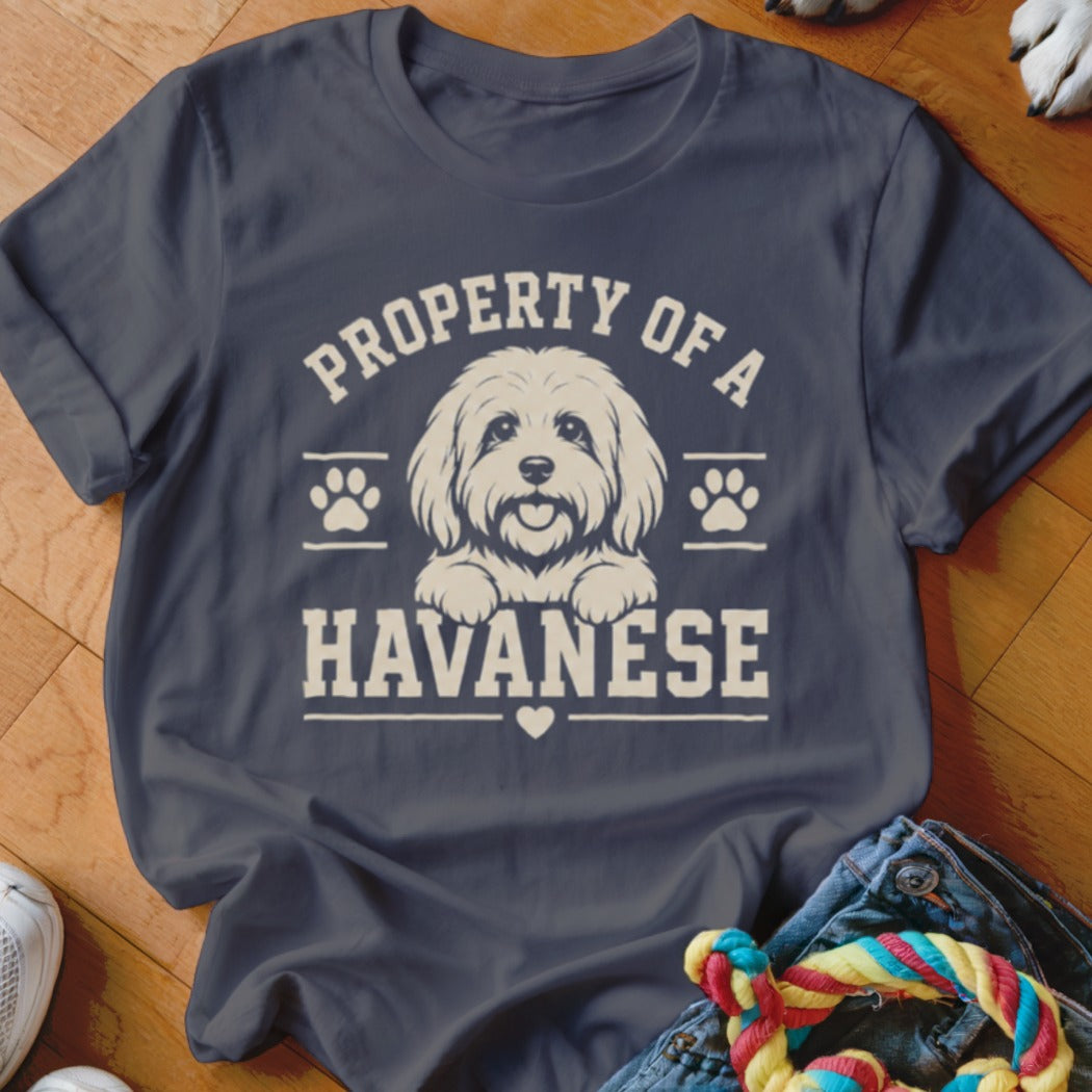 Dark blue t-shirt with "Property of a Havanese" and dog illustration.
