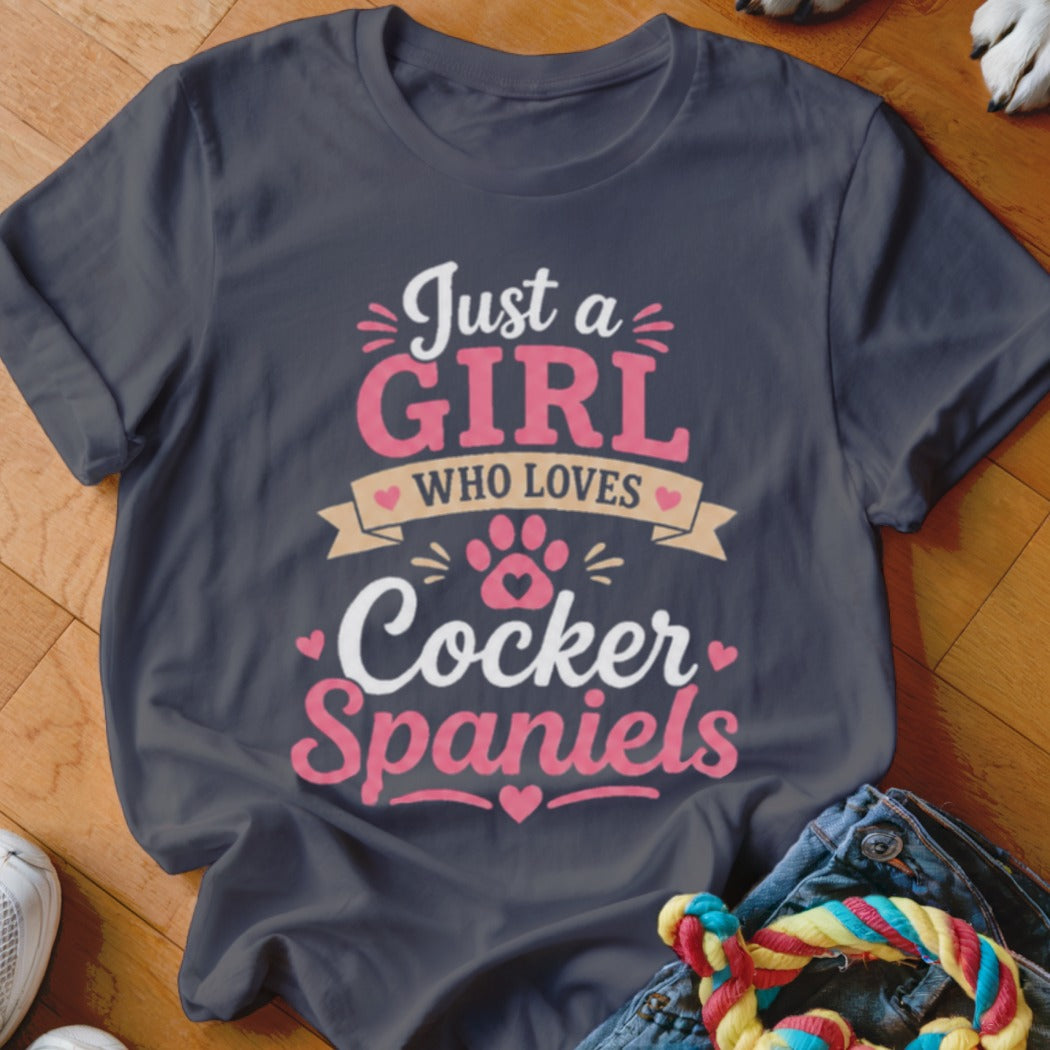 Dark gray t-shirt with "Just a GIRL WHO LOVES Cocker Spaniels" text design.