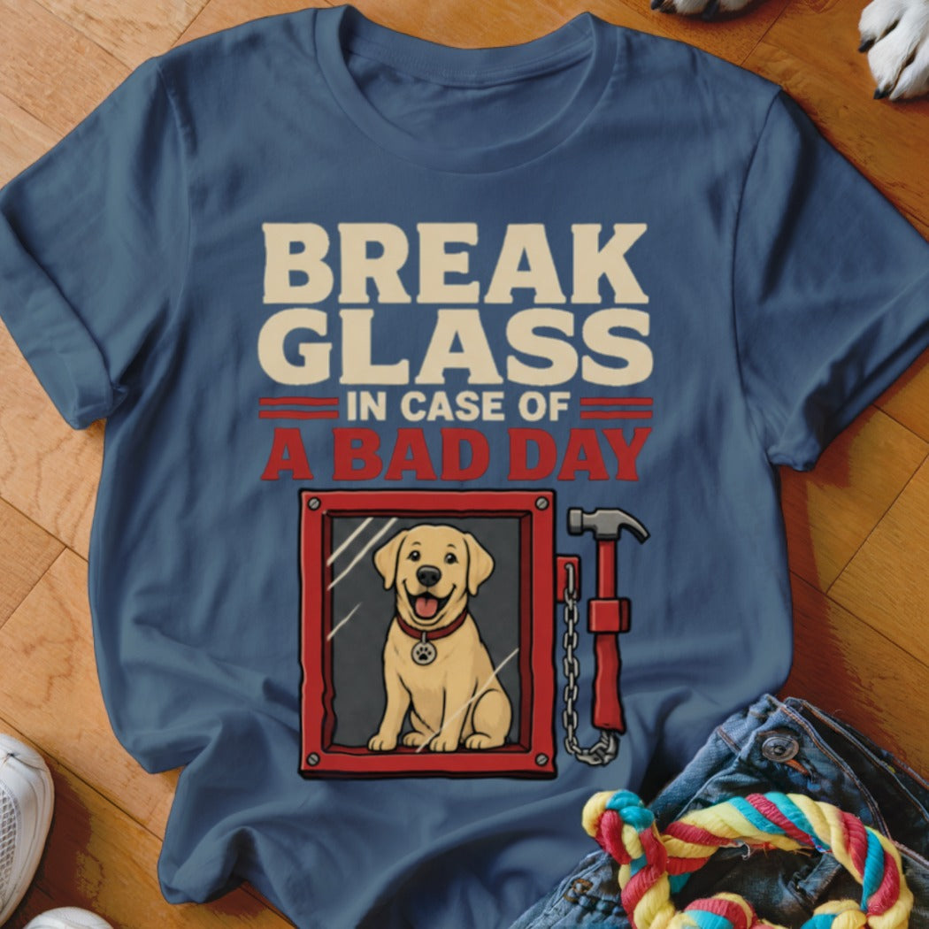 Blue t-shirt with "Break Glass In Case Of A Bad Day" text and a dog behind glass.