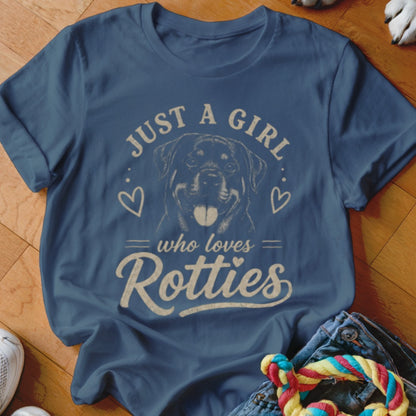 Blue t-shirt with Rottweiler graphic and text "Just a girl who loves Rotties".