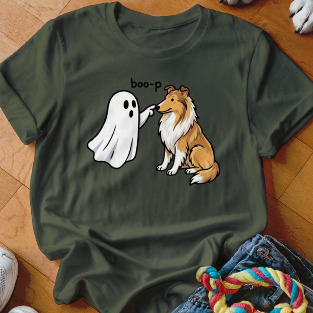 Ghost booping a sitting collie dog with text "boo-p" above.