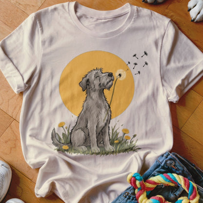 A cream-colored t-shirt featuring a graphic of a grey dog blowing a dandelion seed head.