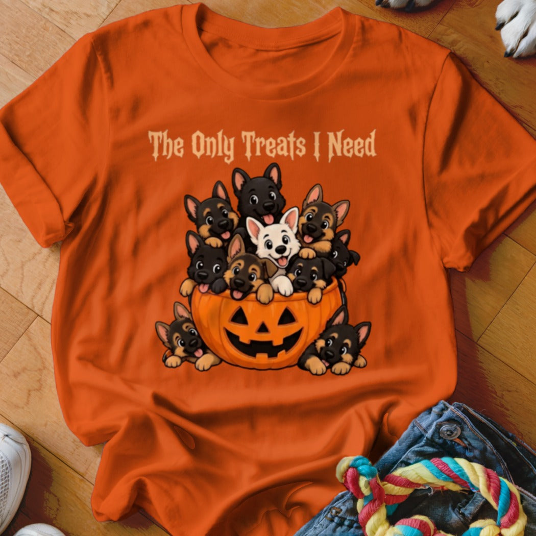 German Shepherd puppies in a pumpkin with text "The Only Treats I Need".