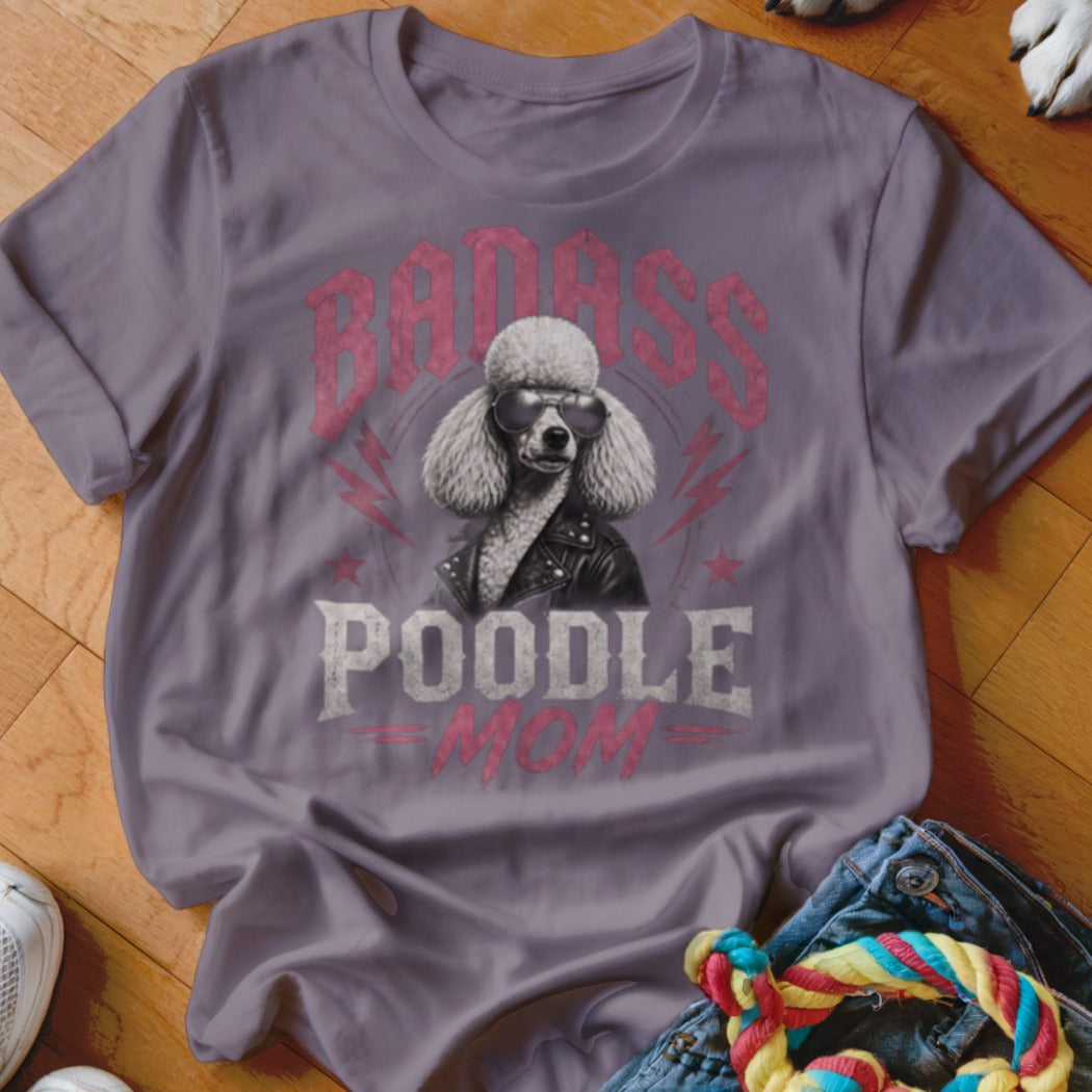 Poodle wearing sunglasses and leather jacket with "Badass Poodle Mom" text.
