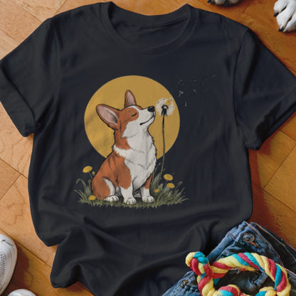 A black t-shirt printed with a corgi sitting in the grass and blowing dandelion seeds.