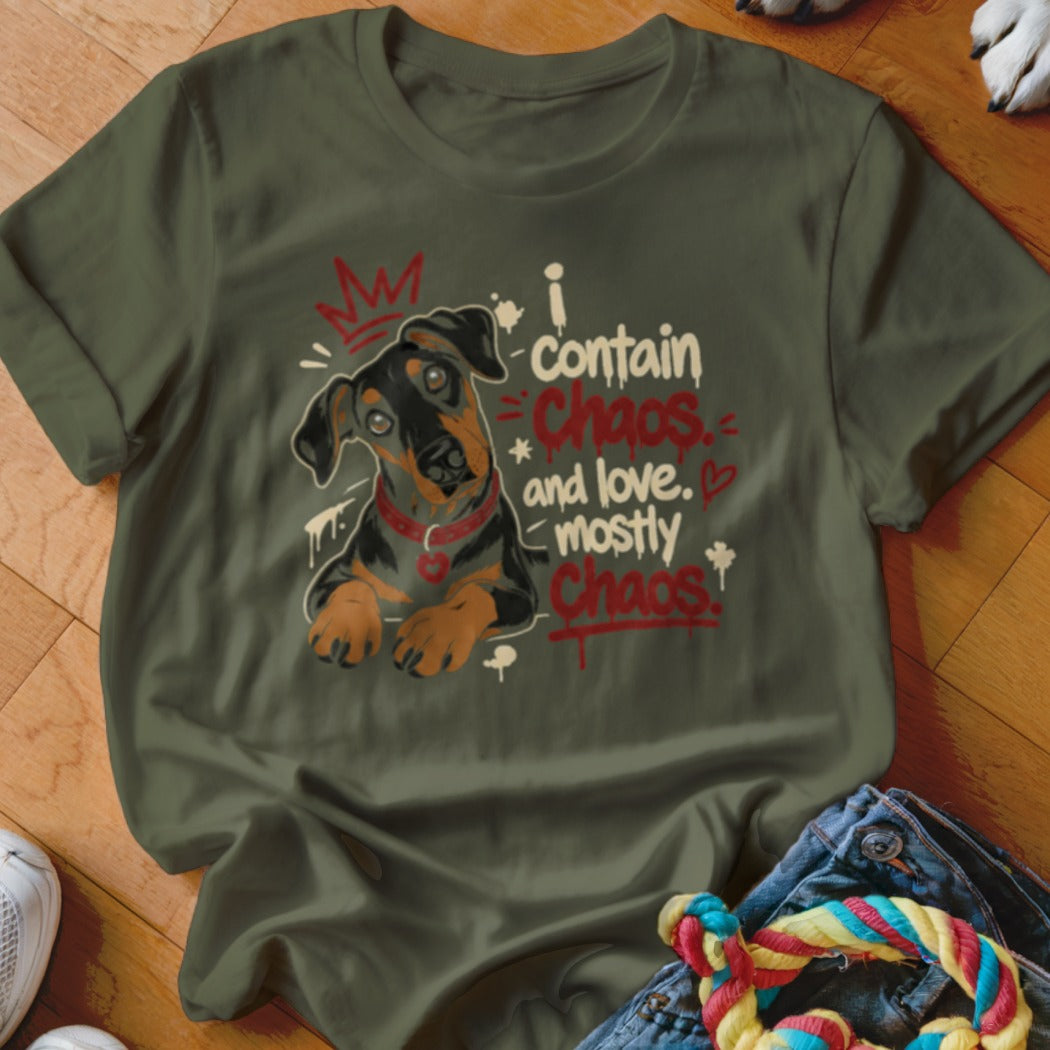 Olive t-shirt with a Rottweiler puppy graphic and text saying "I contain Chaos and love. Mostly Chaos!"