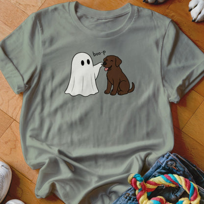 Ghost gently boops a chocolate lab puppy with the text "boo-p".