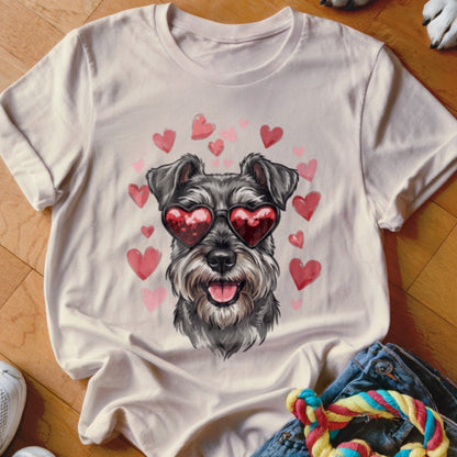 Beige t-shirt featuring a graphic of a Schnauzer wearing heart-shaped sunglasses surrounded by pink hearts.