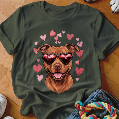 Dark green t-shirt featuring a graphic of a brown dog wearing heart-shaped sunglasses surrounded by floating pink hearts.
