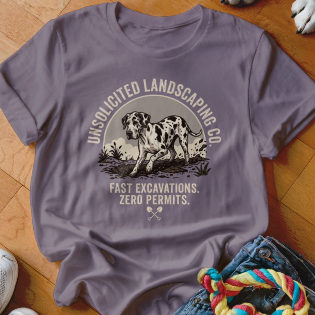 Dalmatian digging with text "Unsolicited Landscaping Co. Fast Excavations. Zero Permits."