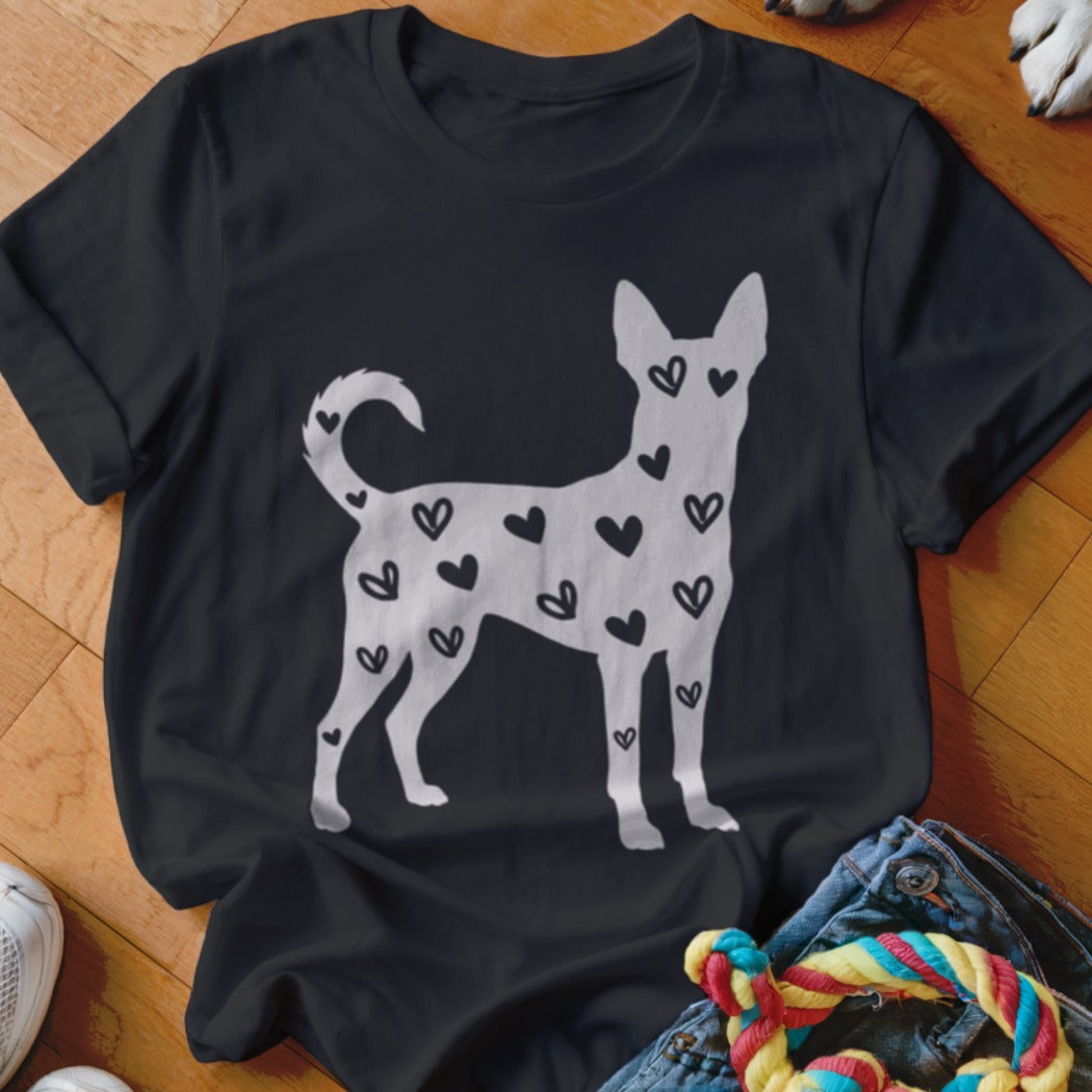 Black t-shirt with a white dog silhouette filled with black hearts.