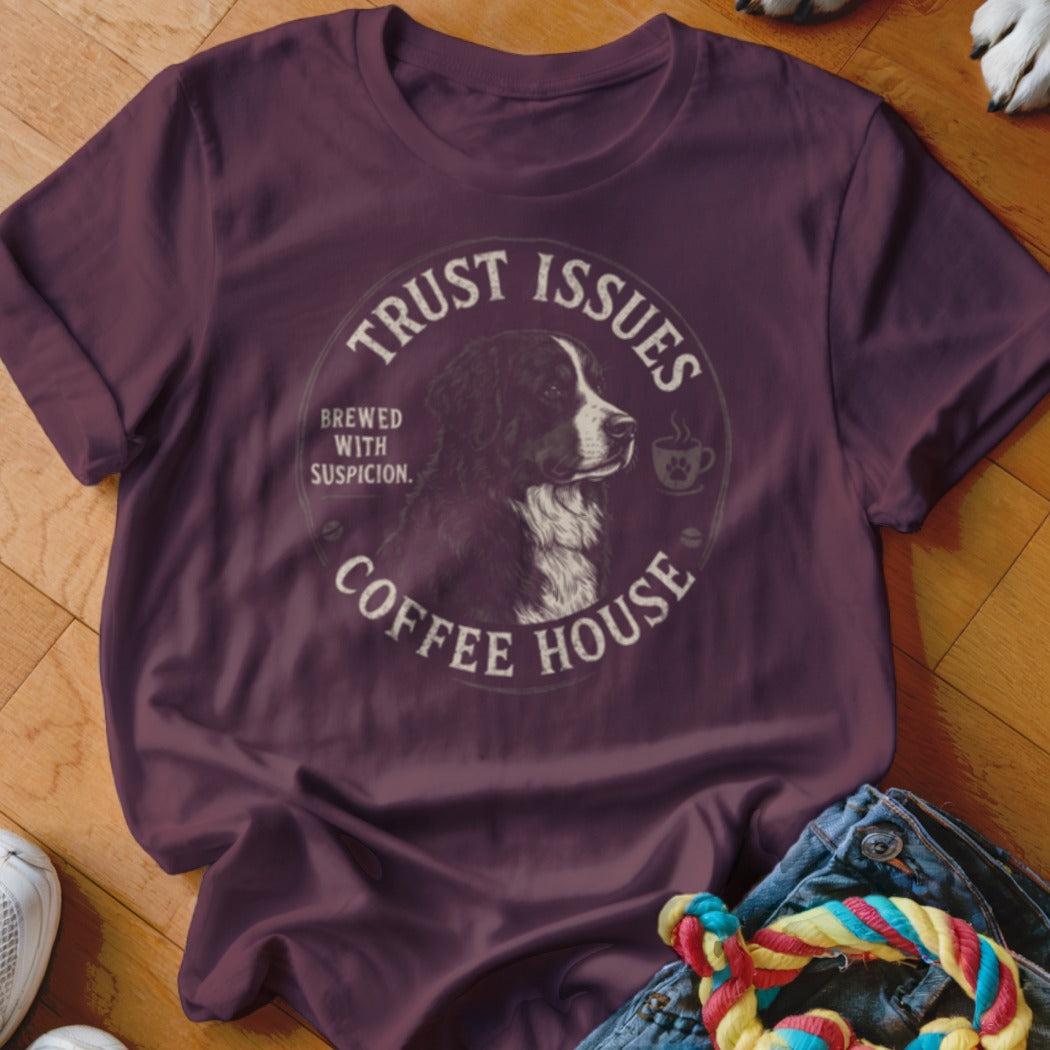 Maroon t-shirt with "Trust Issues Coffee House" text and a dog.