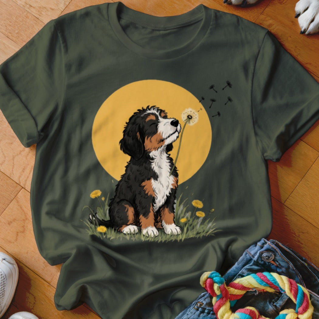Dark green t-shirt featuring an illustration of a Bernese Mountain Dog puppy blowing dandelion seeds against a yellow moon.