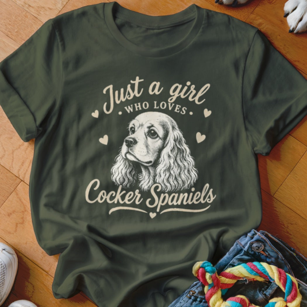 Green t-shirt with "Just a girl who loves Cocker Spaniels" and dog illustration.