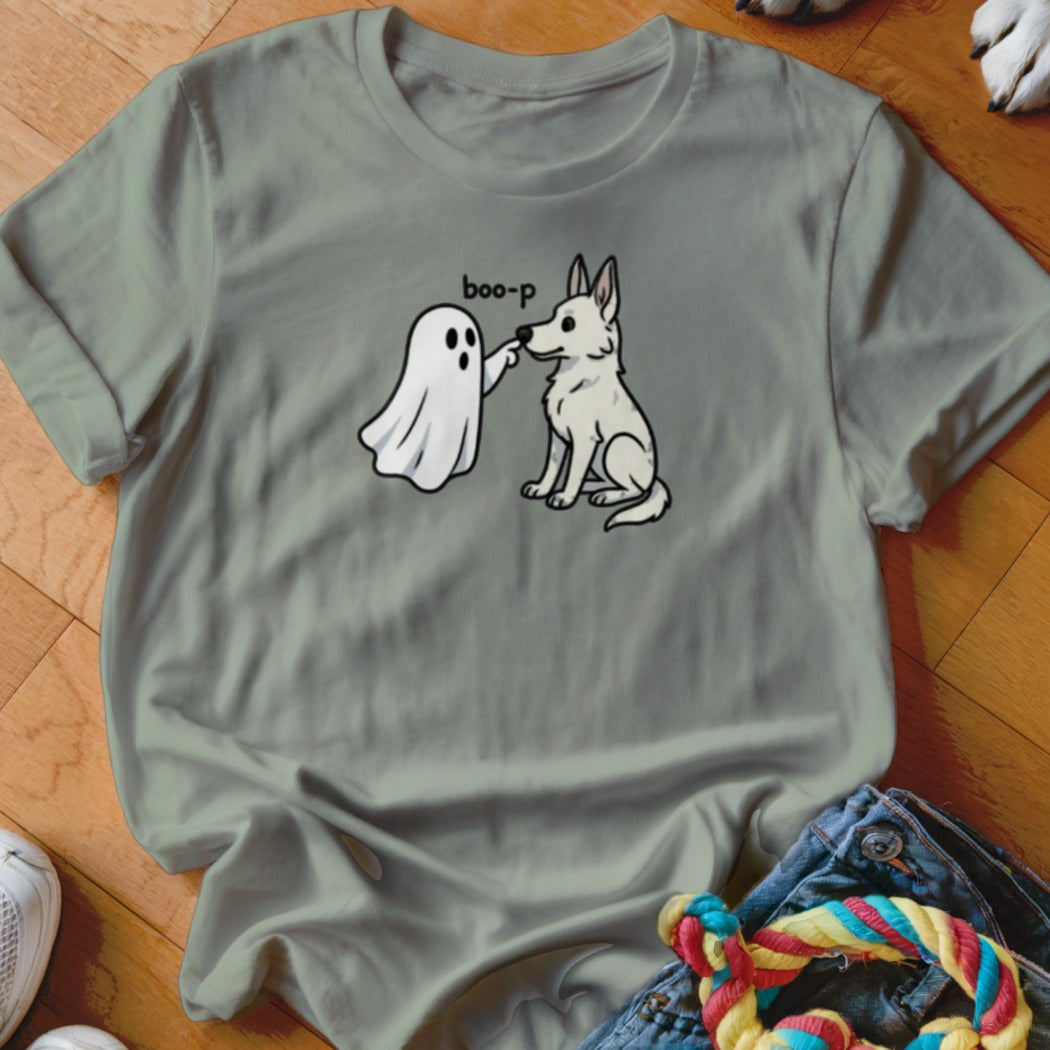 T-shirt with cartoon ghost booping dog's nose, text "boo-p".