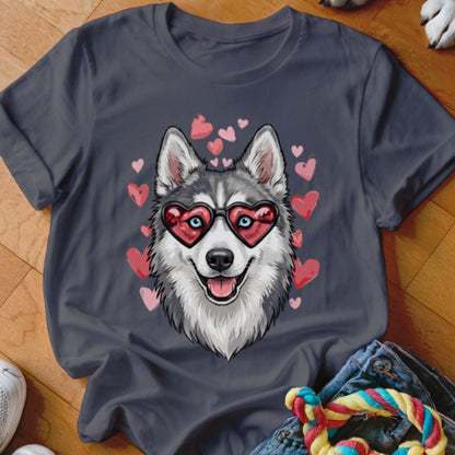 Charcoal t-shirt featuring a graphic of a husky wearing heart-shaped sunglasses surrounded by pink hearts.