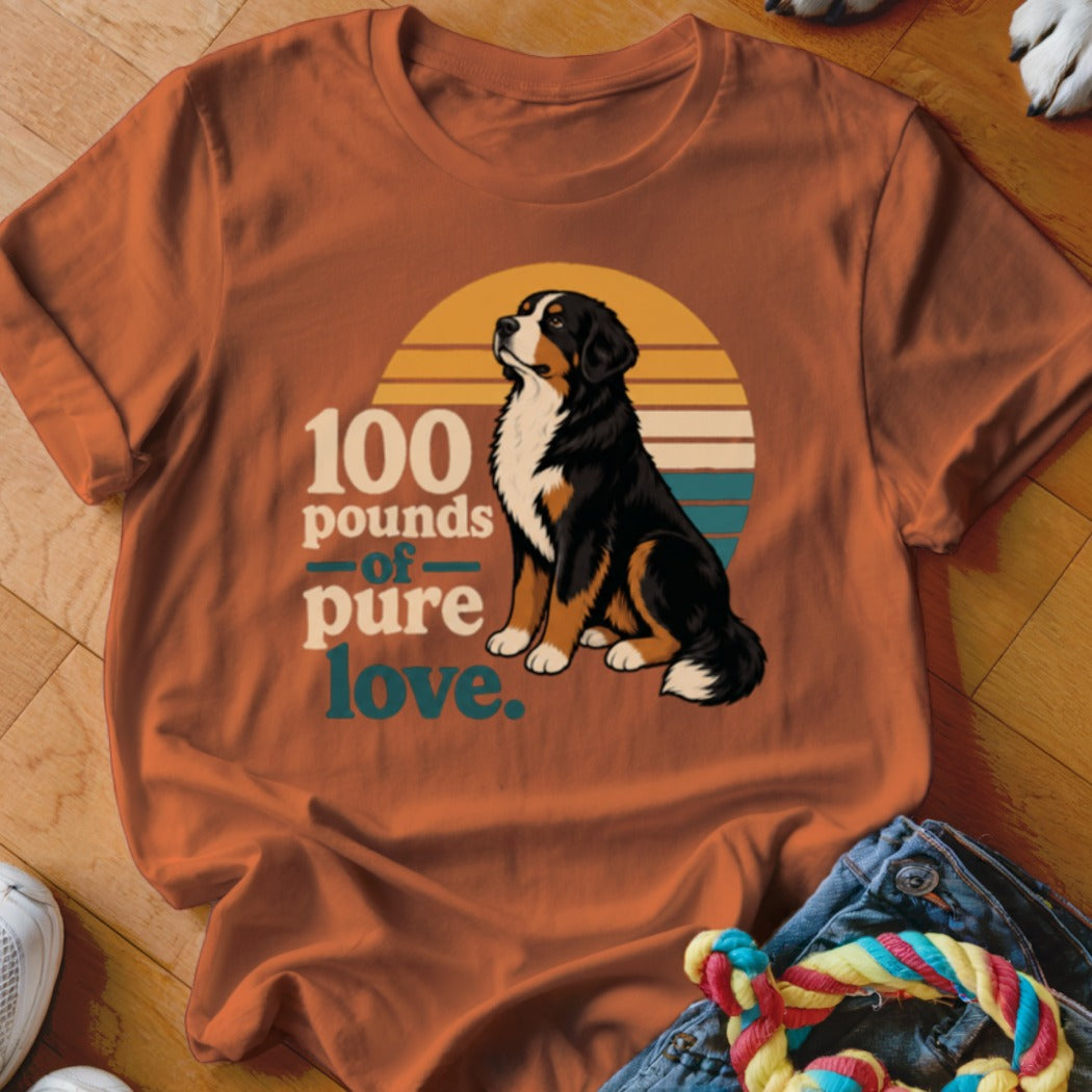 Bernese Mountain Dog sitting with text "100 pounds of pure love."
