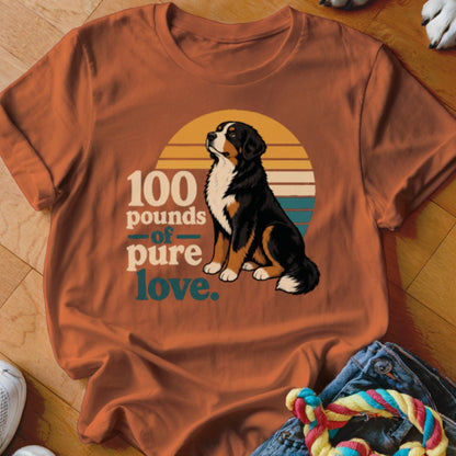 Bernese Mountain Dog sitting with text "100 pounds of pure love."