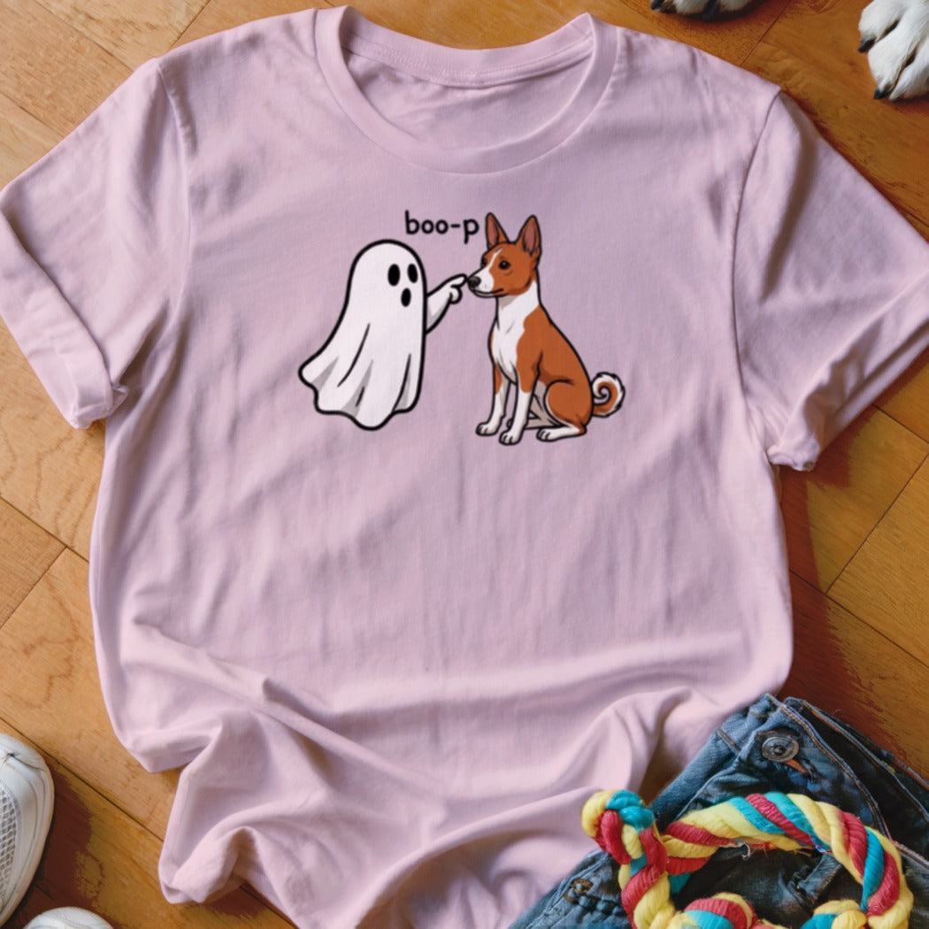 Ghost booping a dog with text "boo-p" on a pink t-shirt.