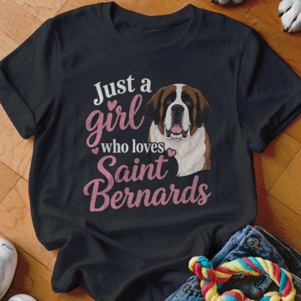 Black t-shirt with Saint Bernard illustration and text "Just a girl who loves Saint Bernards".
