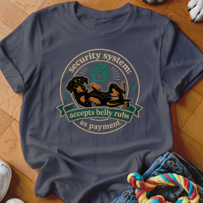 Dachshund on t-shirt saying "security system: accepts belly rubs as payment."