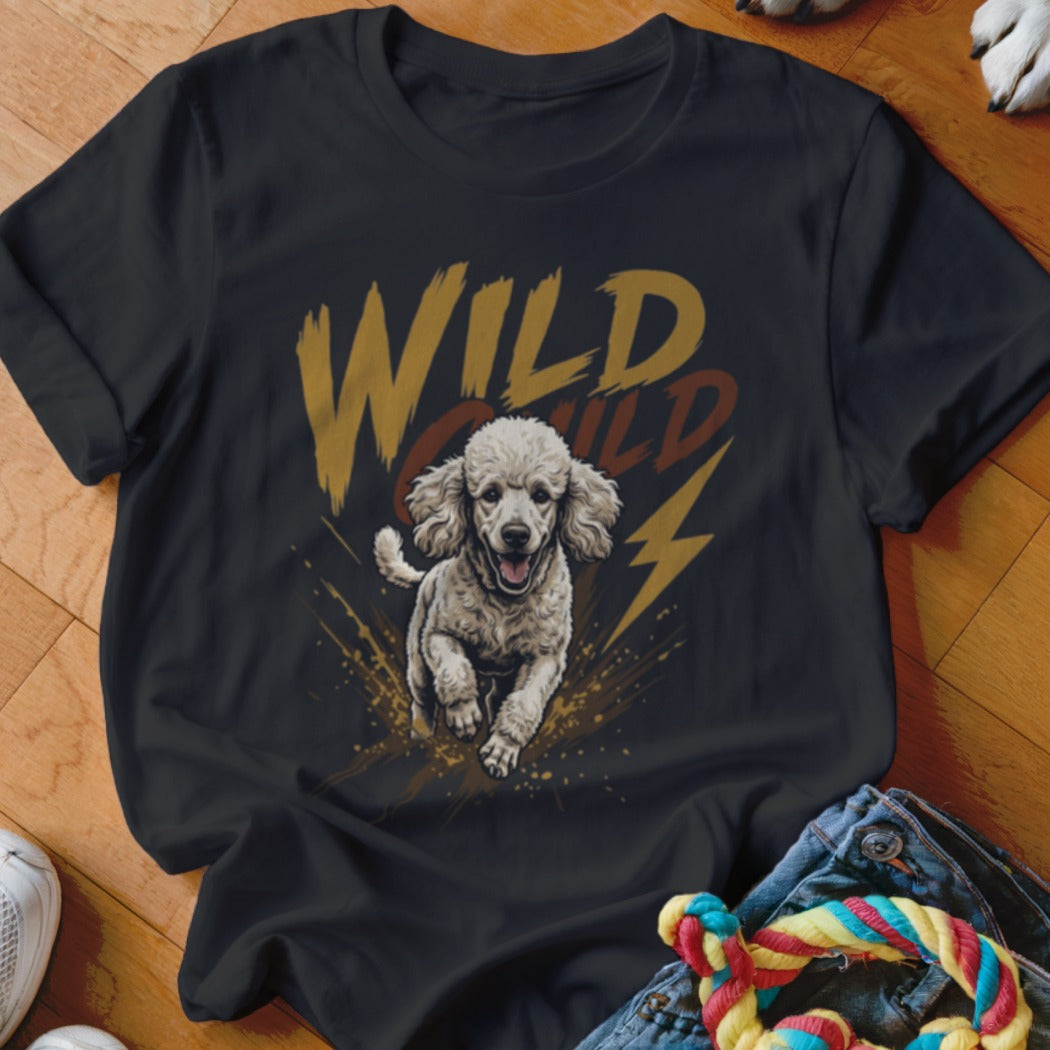 A black t-shirt featuring a graphic of a white poodle running below the text Wild Child.