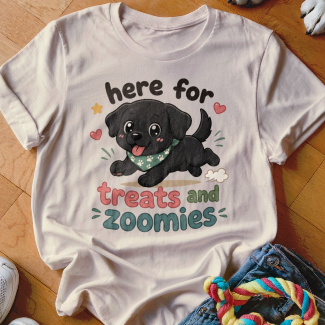 White t-shirt with a black puppy graphic that reads "here for treats and zoomies."