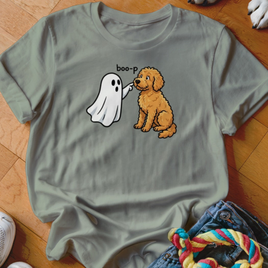 Ghost booping a doodle dog with text "boo-p" above.
