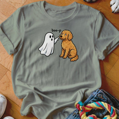 Ghost booping a doodle dog with text "boo-p" above.