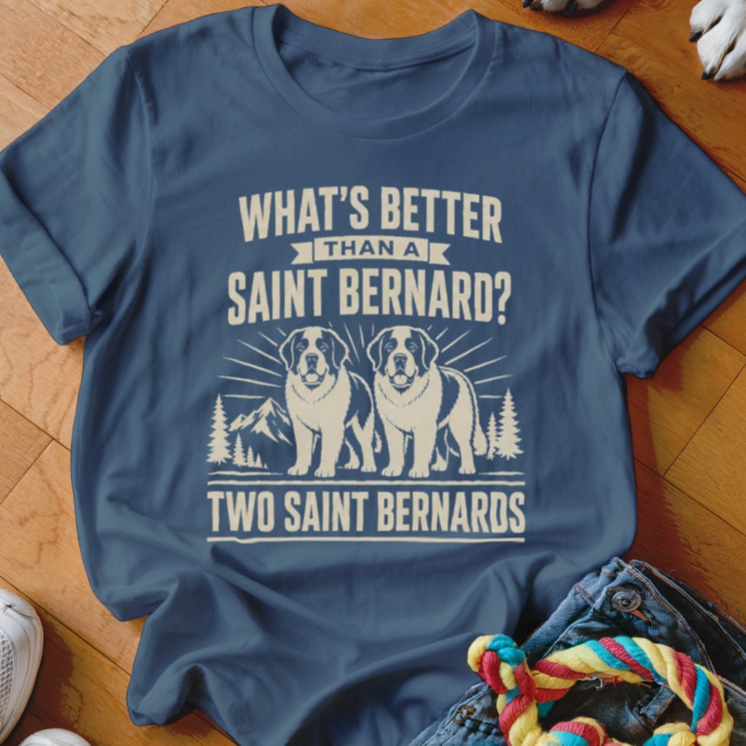 Navy t-shirt with "What's Better Than a Saint Bernard? Two Saint Bernards" text and graphics.
