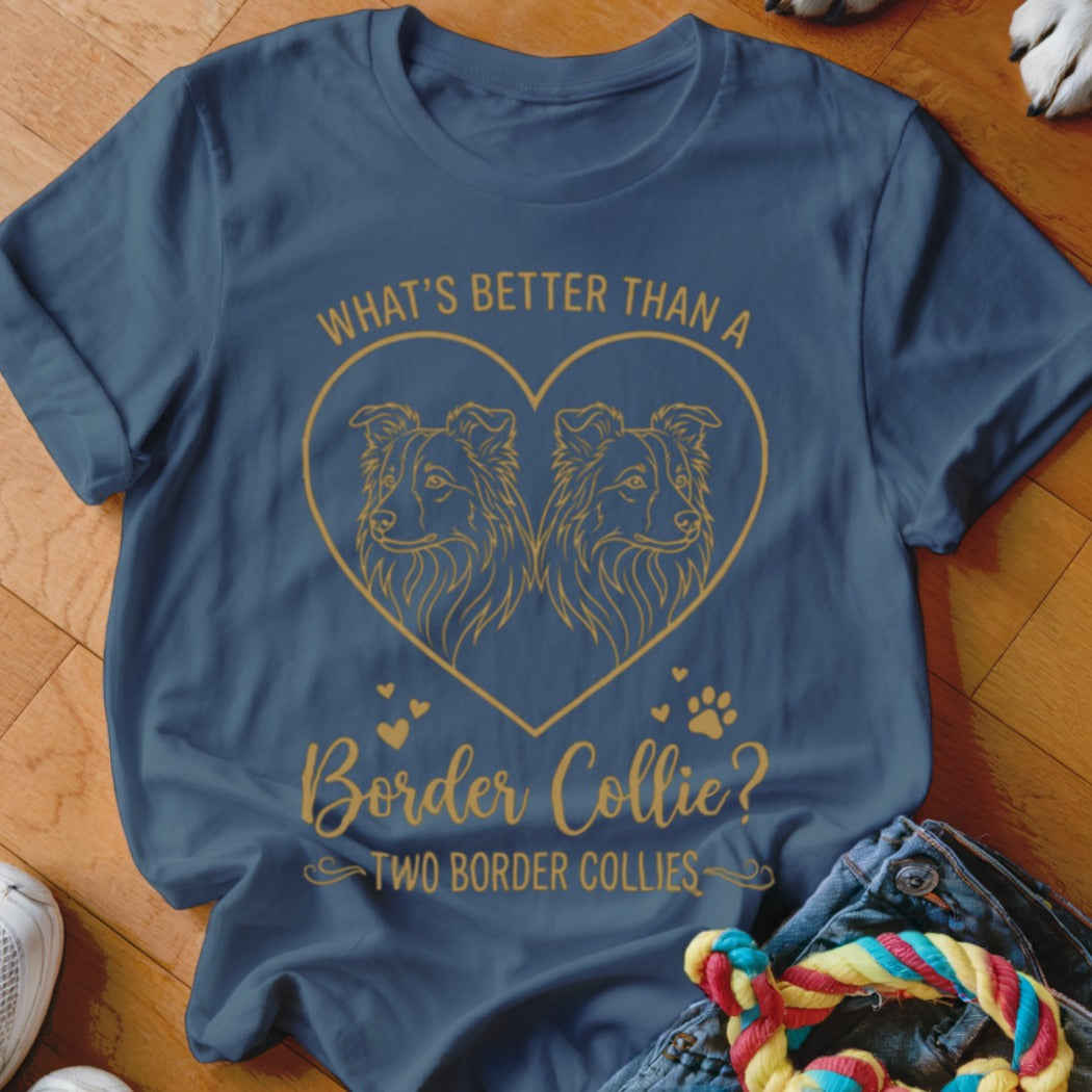 Blue t-shirt featuring a gold graphic of two Border Collies inside a heart with text.