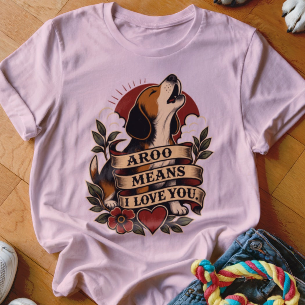 Beagle howling with "Aroo Means I Love You" banner and heart design.