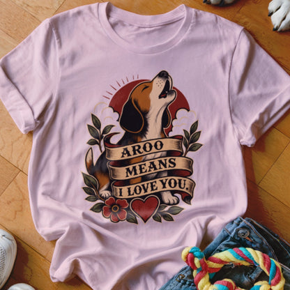 Beagle howling with "Aroo Means I Love You" banner and heart design.