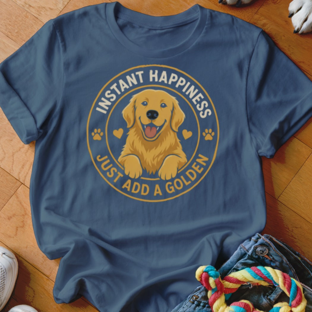 Blue t-shirt with a graphic of a golden retriever and text "Instant Happiness Just Add a Golden".