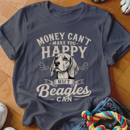 Dark blue t-shirt with beagle illustration and text "Money can't make you happy but Beagles can".