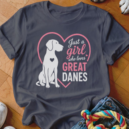 Dark grey t-shirt with "Just a girl who loves Great Danes" text and a white Great Dane silhouette.