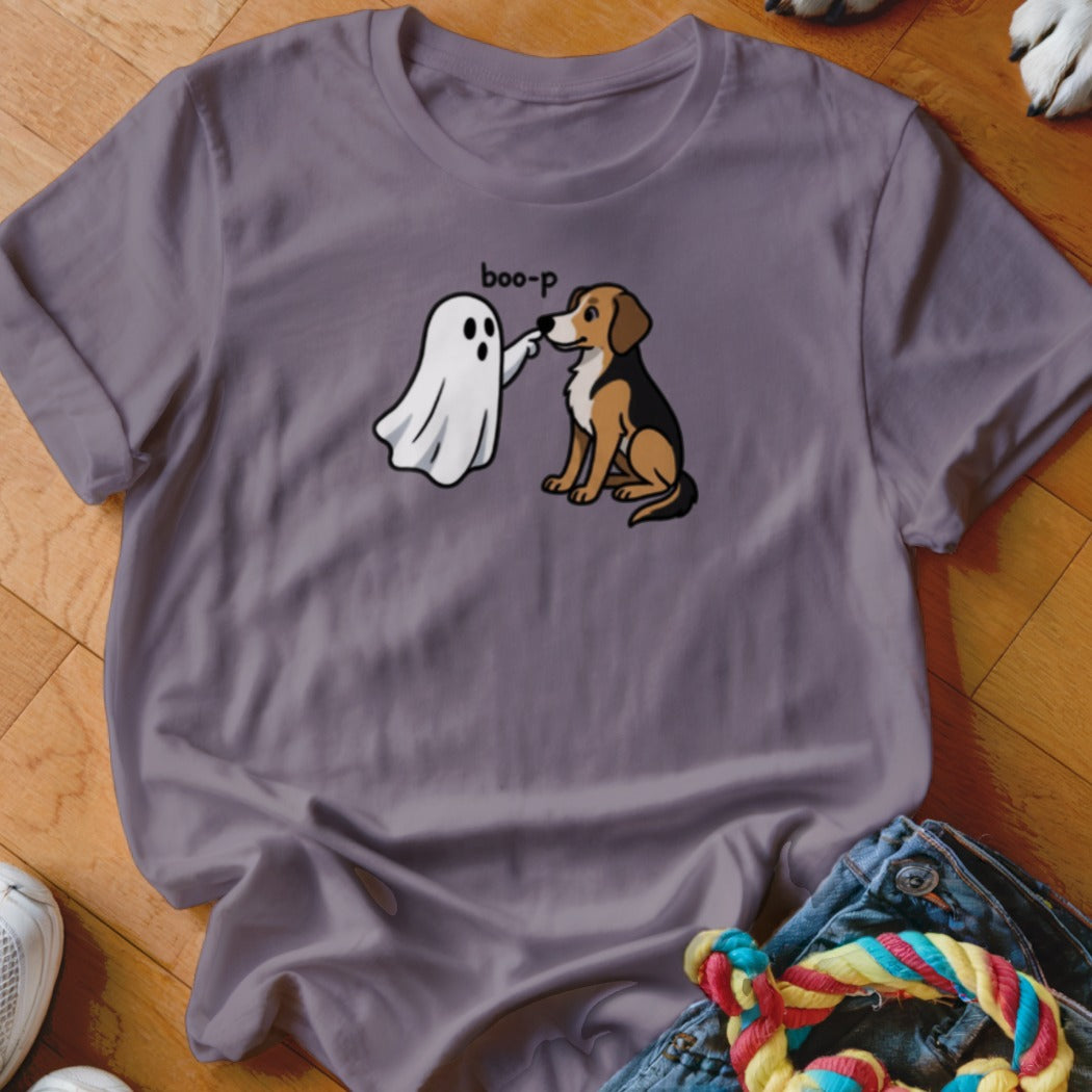 Ghost playfully boops a beagle dog with the text "boo-p" on a purple t-shirt.