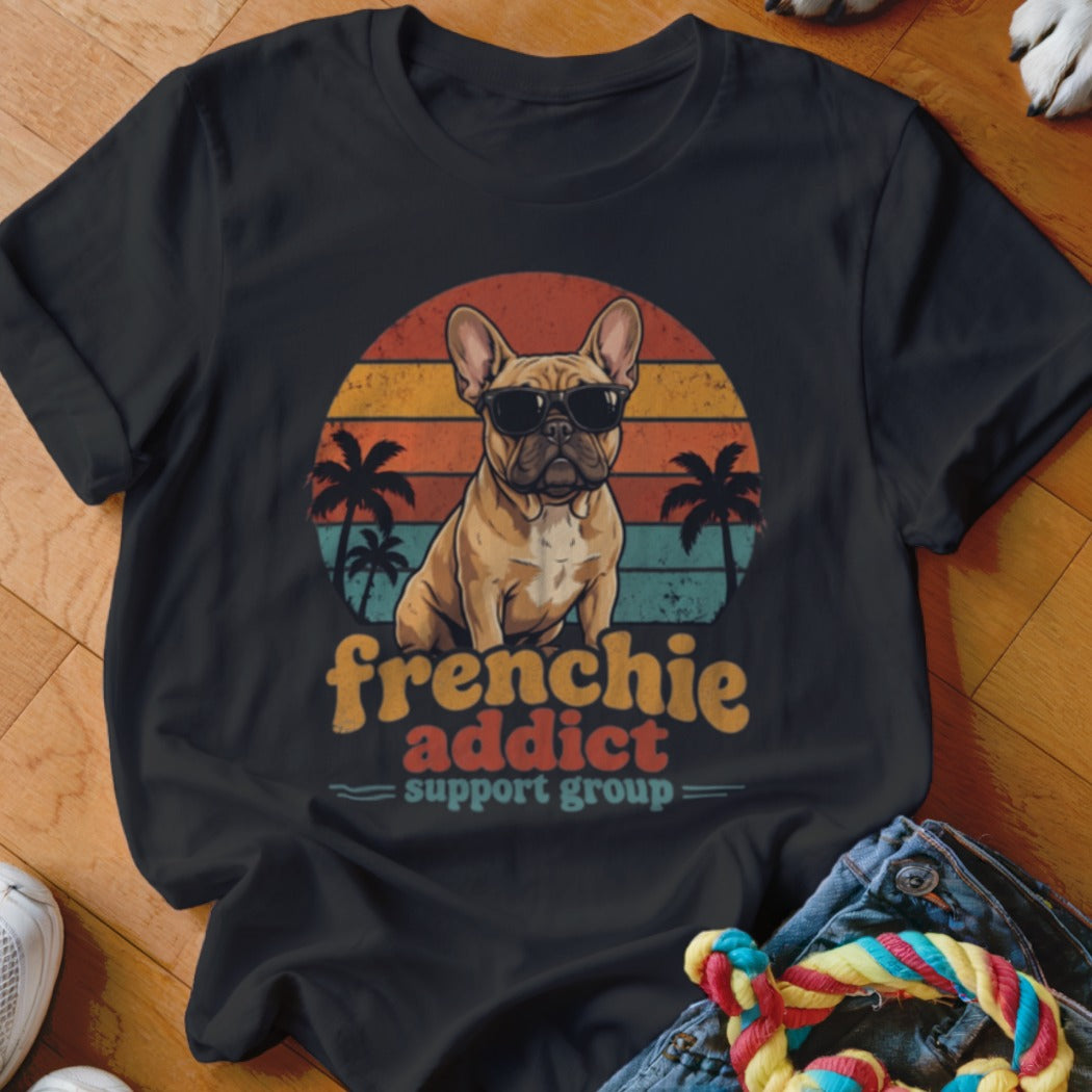Black t-shirt featuring a retro graphic of a French bulldog in sunglasses with palm trees and sunset stripes.