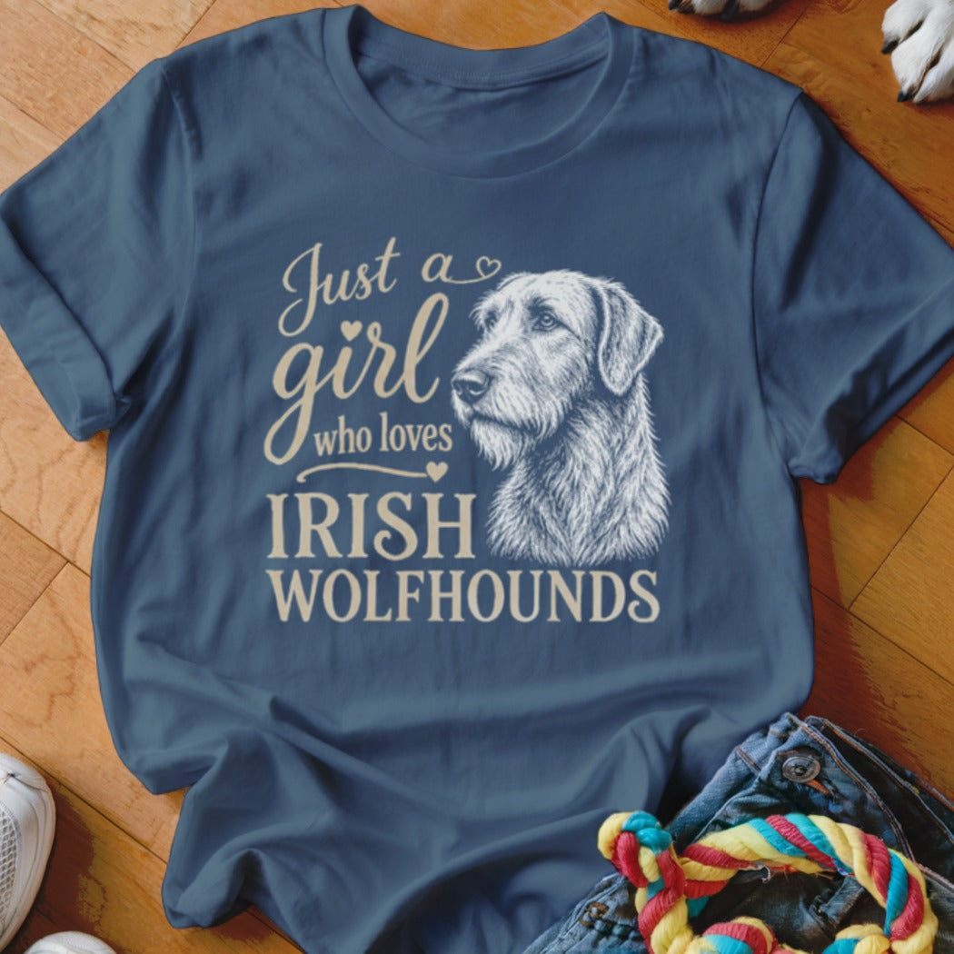 Navy t-shirt with sketch of Irish Wolfhound and text "Just a girl who loves IRISH WOLFHOUNDS".