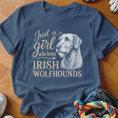 Navy t-shirt with sketch of Irish Wolfhound and text "Just a girl who loves IRISH WOLFHOUNDS".