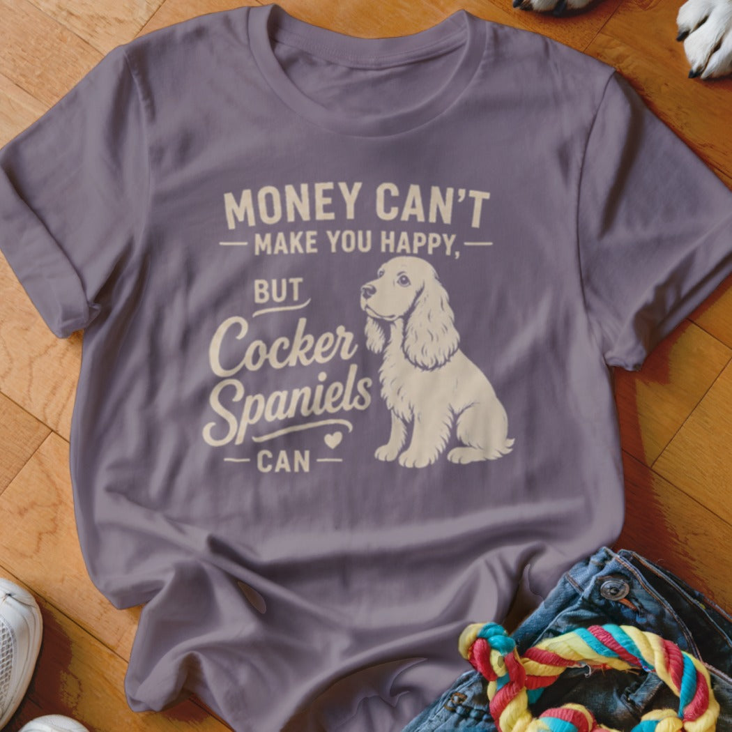 Purple t-shirt with text "MONEY CAN'T MAKE YOU HAPPY, BUT Cocker Spaniels CAN" and a Cocker Spaniel illustration.