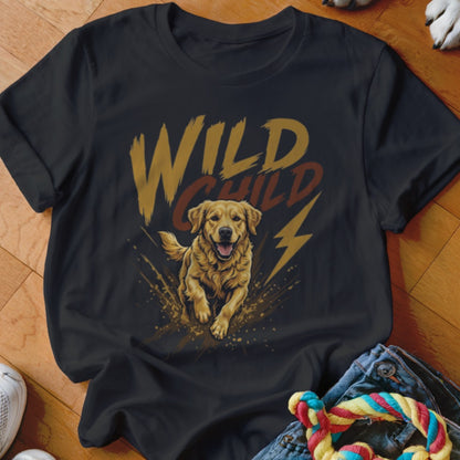 Black crewneck t-shirt featuring a graphic of a golden retriever running amid paint splatters and lightning, with the text WILD CHILD.