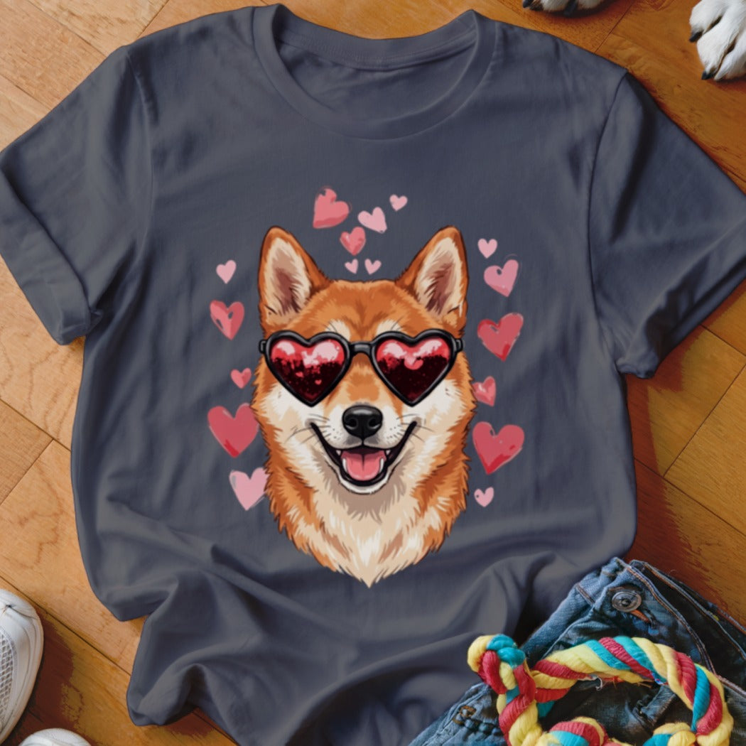Charcoal grey t-shirt featuring a smiling Shiba Inu dog wearing heart-shaped sunglasses surrounded by pink hearts.