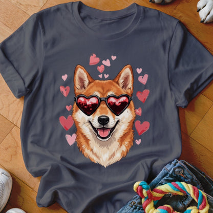 Charcoal grey t-shirt featuring a smiling Shiba Inu dog wearing heart-shaped sunglasses surrounded by pink hearts.