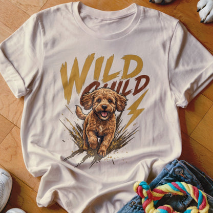 Off-white t-shirt with a graphic of a brown doodle puppy, mud splatters, and the text Wild Child.
