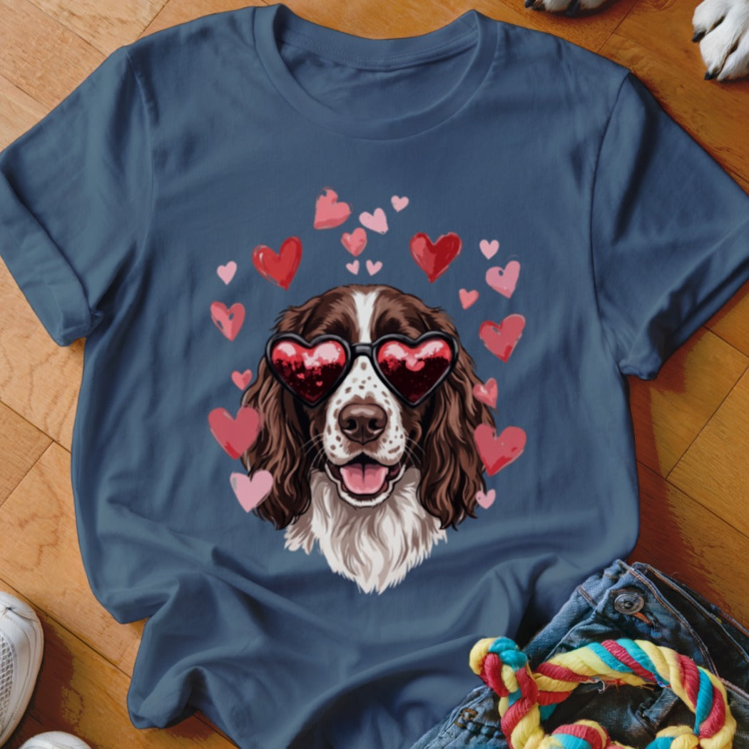 A blue t-shirt features a brown and white spaniel wearing heart-shaped sunglasses surrounded by floating pink hearts.