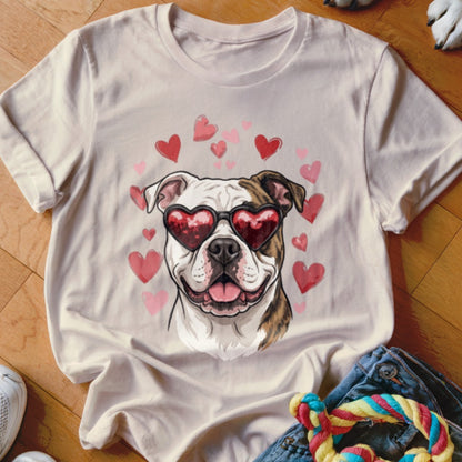 Light beige t-shirt featuring an illustration of a bulldog wearing heart-shaped sunglasses surrounded by pink hearts.