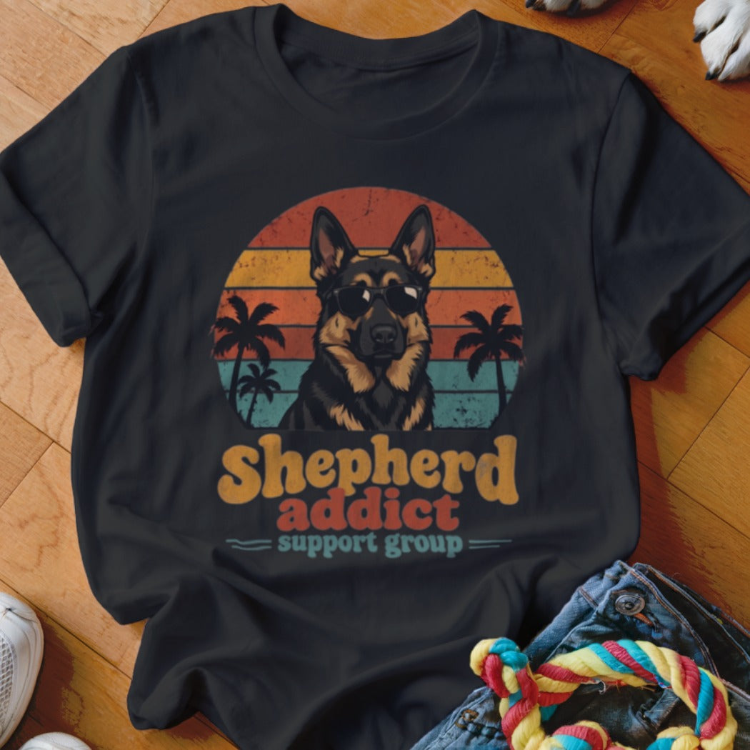 Black t-shirt featuring a German Shepherd wearing sunglasses in front of a retro sunset and palm trees.
